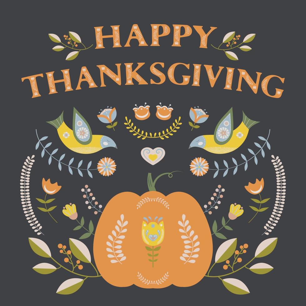 Happy Thanksgiving greeting card, with pumpkin and floral motifs, in folk art style. vector