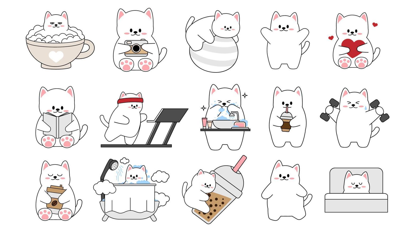 Collection of different cute little cats on a white background. Kawaii set of funny animal characters design in cartoon style. Pet cat. Baby stickers. Vector illustration.
