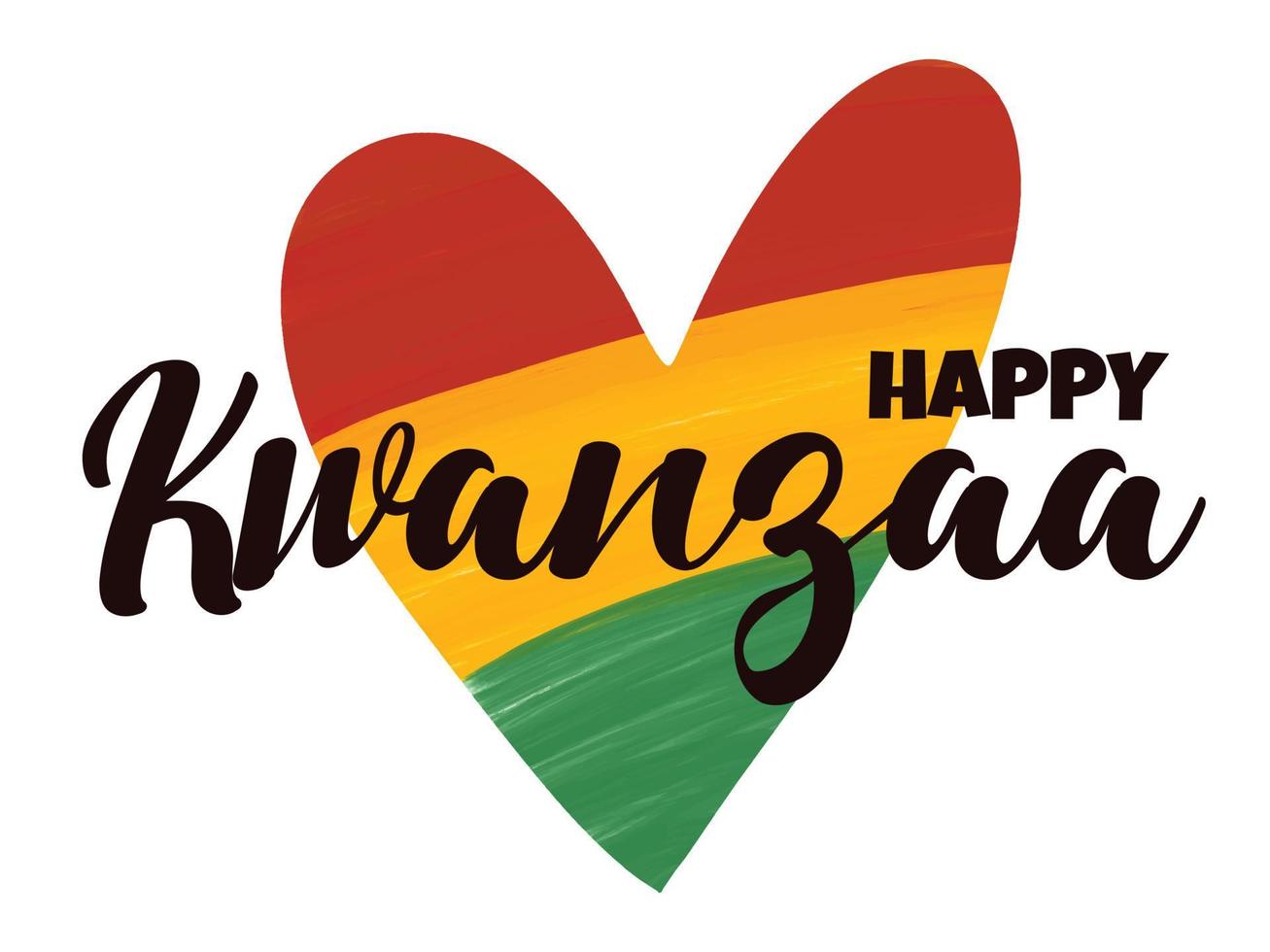 feliz kwanzaa - banner con letras y dibujado a mano con pincel artístico grunge con textura de corazón en los colores de la bandera panafricana - rojo, amarillo, verde. festival de celebración de la herencia afroamericana vector