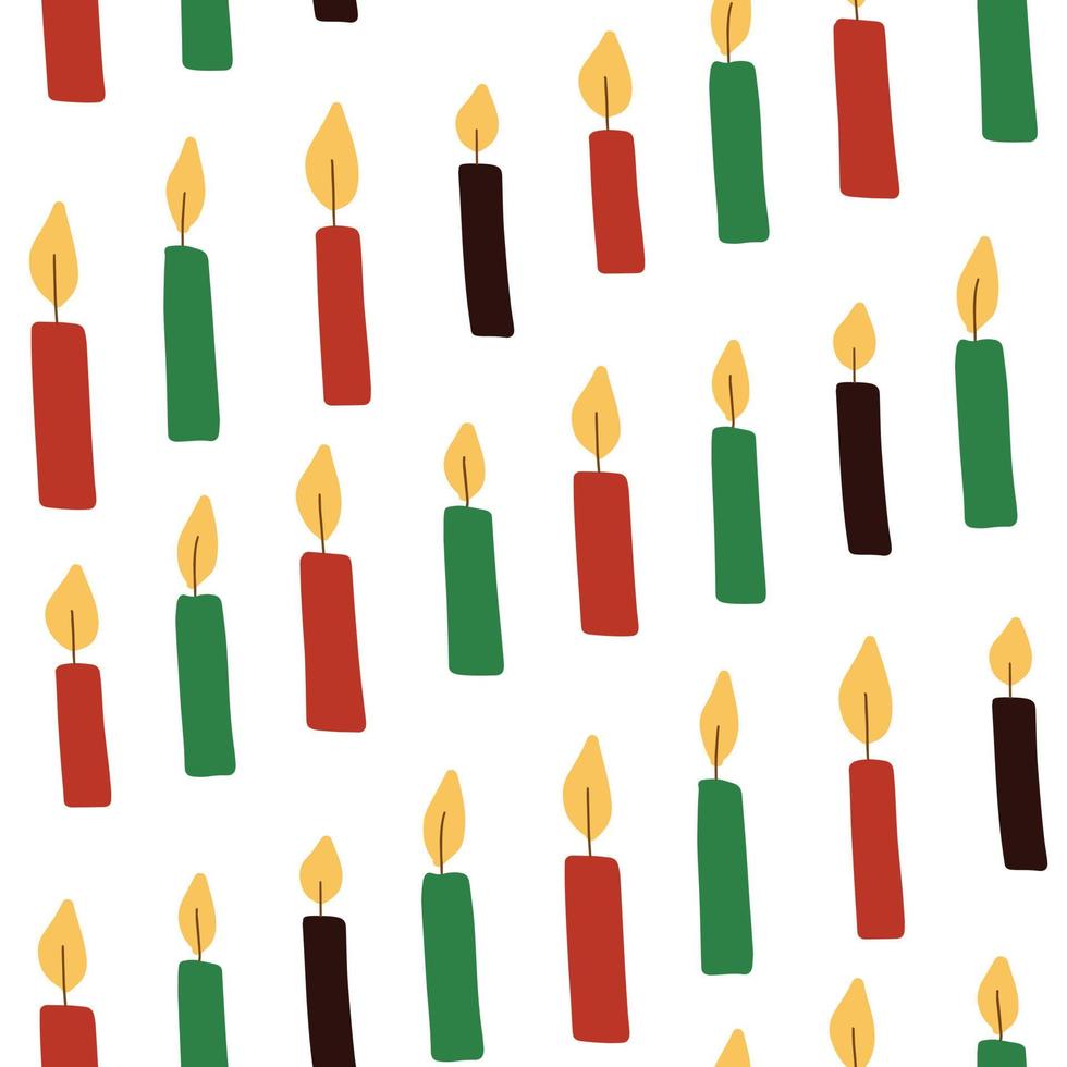 lindo patrón sin costuras kwanzaa con velas kinara simples dibujadas a mano en colores africanos tradicionales: negro, rojo, verde sobre blanco. diseño de fondo de celebración de festival de vacaciones de vector kwanzaa