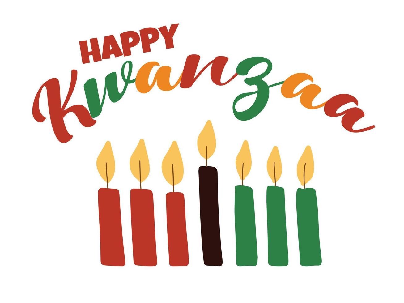 Happy Kwanzaa - banner with colorful script lettering and hand drawn simple kinara candles. African American heritage celebration festival greeting card vector