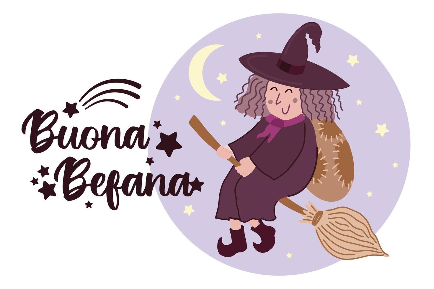 buona befana - traducción al italiano - happy befana - letras decoradas con estrellas y símbolos de cometas. linda bruja befana tradición epifanía navideña personaje en italia volando en escoba vector