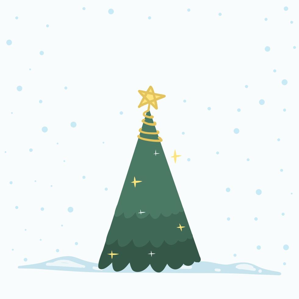 Vector Christmas Tree Isolated from Background. Snow Falling in Holiday Season Xmas and new year graphic template. Modern Tannenbaum tree decorated with lights and ornaments.