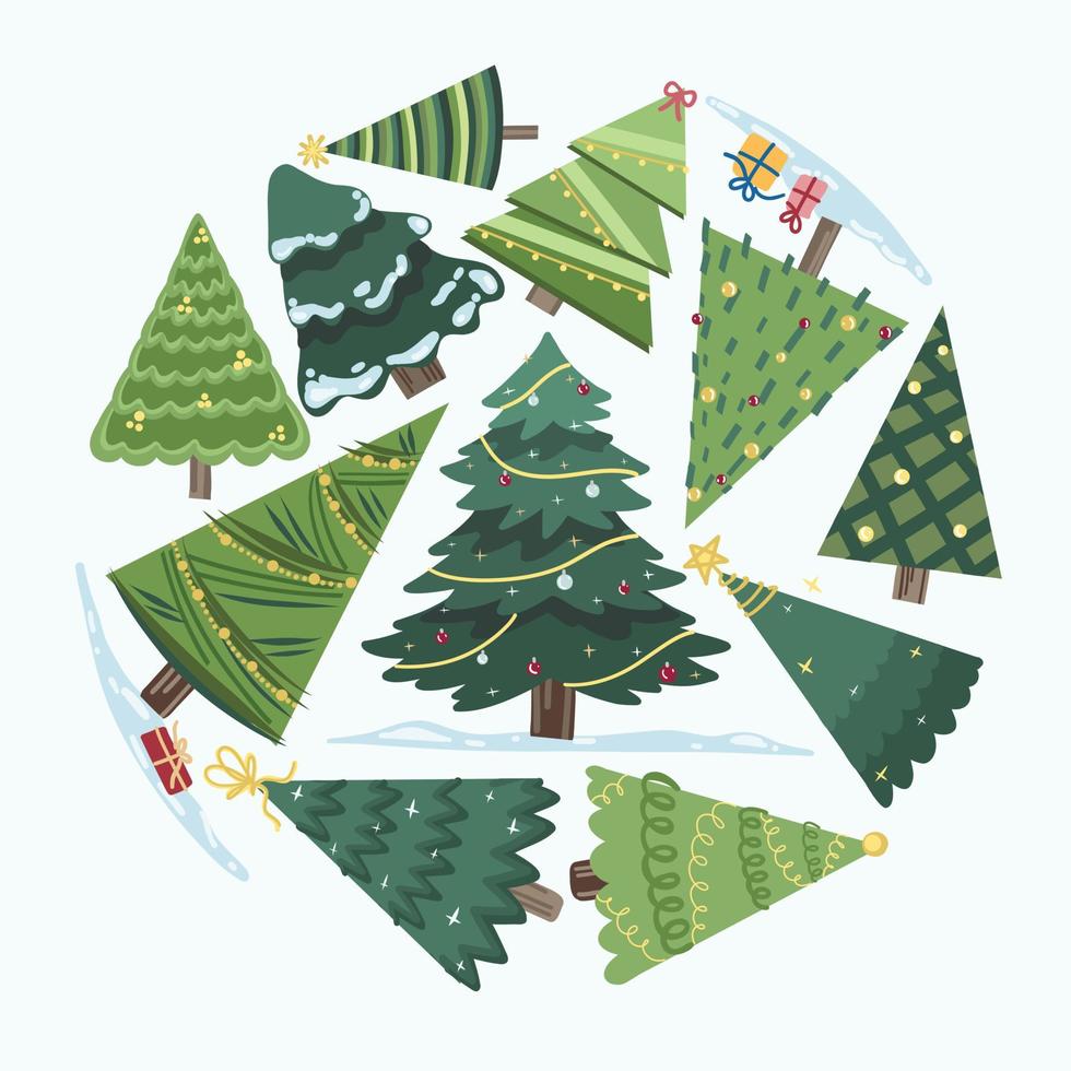 Vector Christmas Tree Collage Pack. Snow Falling in Holiday Season Xmas and new year graphic template. Modern Tannenbaum tree decorated with lights and ornaments. Multiple Christmas trees pack.