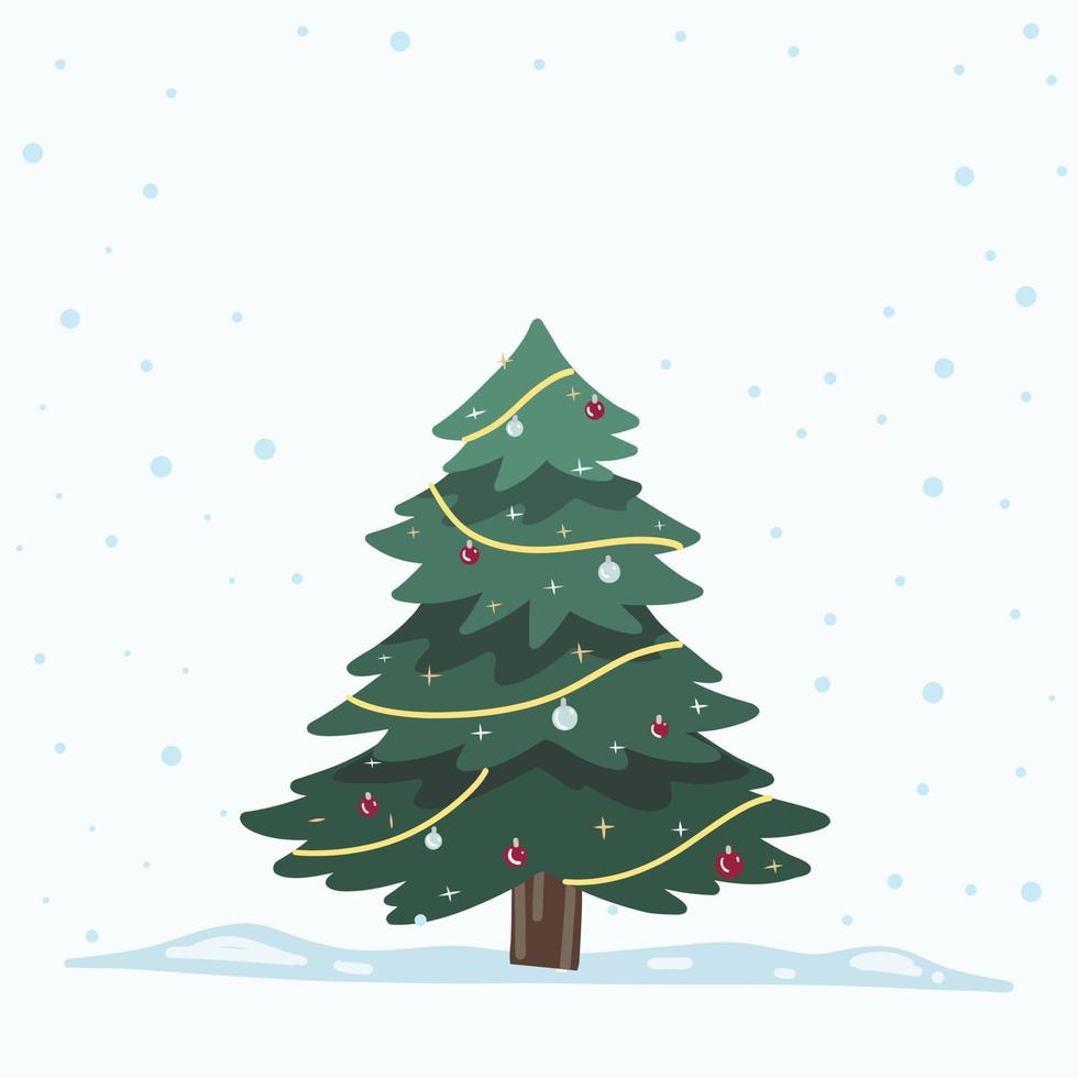 Vector Christmas Tree Isolated from Background. Snow Falling in Holiday Season Xmas and new year graphic template. Modern Tannenbaum tree decorated with lights and ornaments.