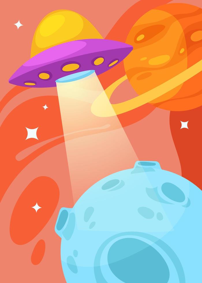 Poster with flying saucer and planets. vector