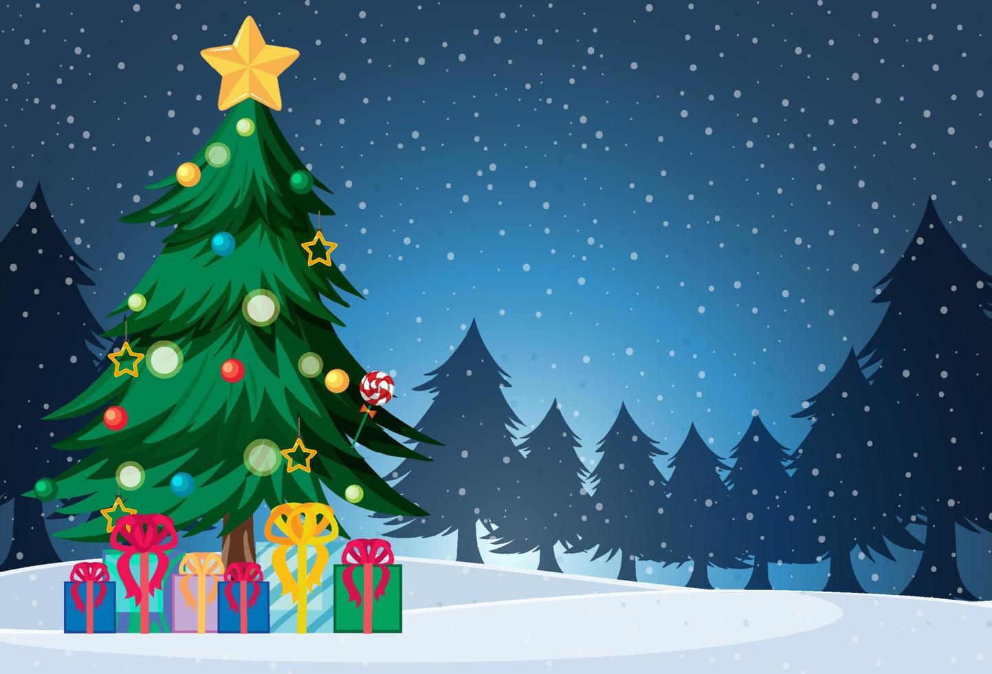 Snow falling at night background with Christmas tree vector