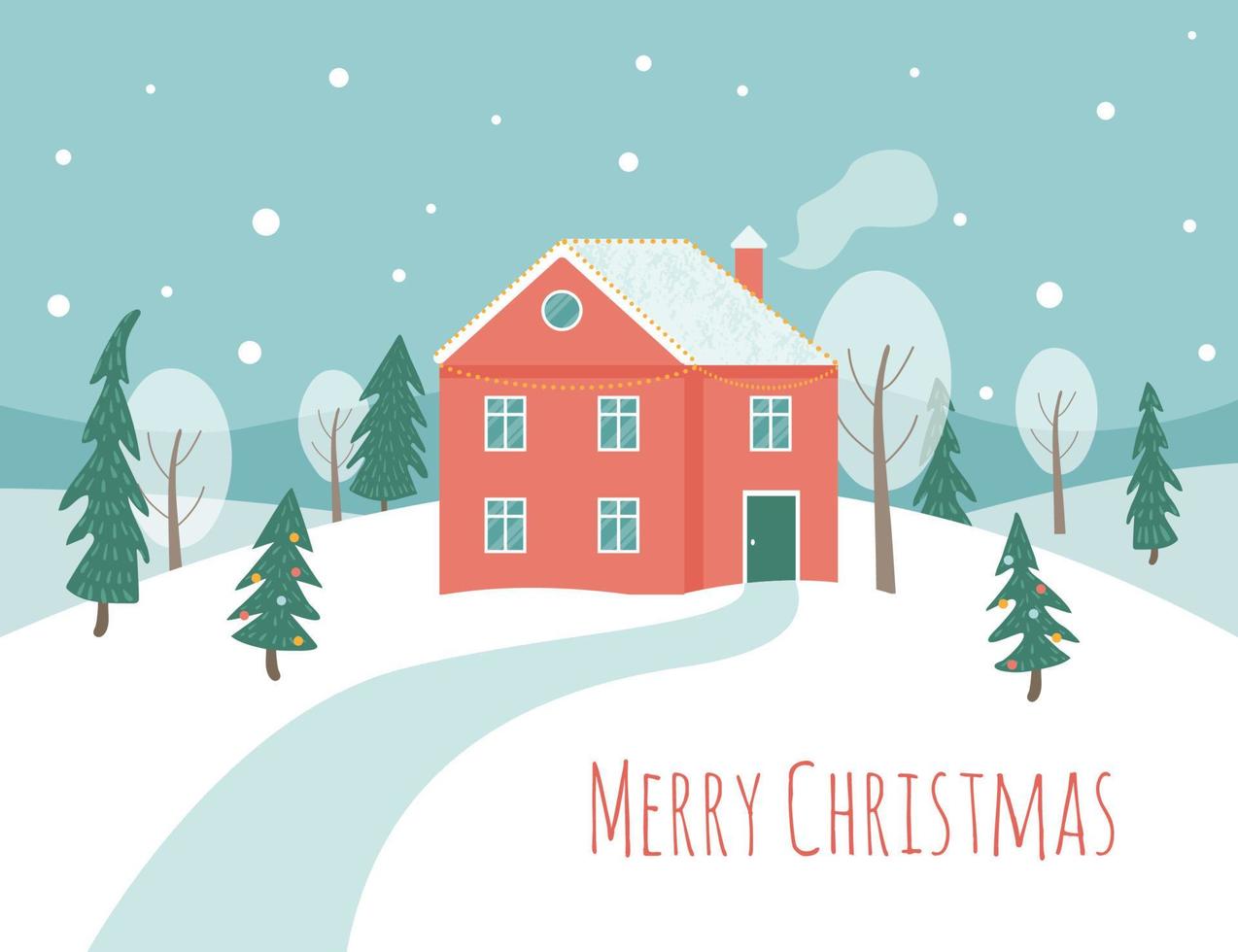 Winter scene with a red house, trees and a Christmas tree. Red cottage in the snowy hills. Merry Christmas. vector