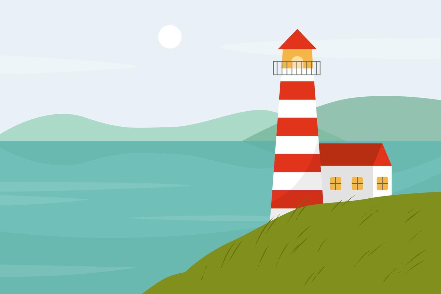 Vector landscape with red lighthouse on the grass and blue sea in flat style. Scenery with sea and mountain.