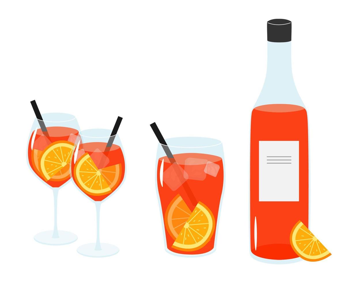 Aperol spritz cocktail on a white background. Two wineglasses, glass and a bottle with liquor. vector