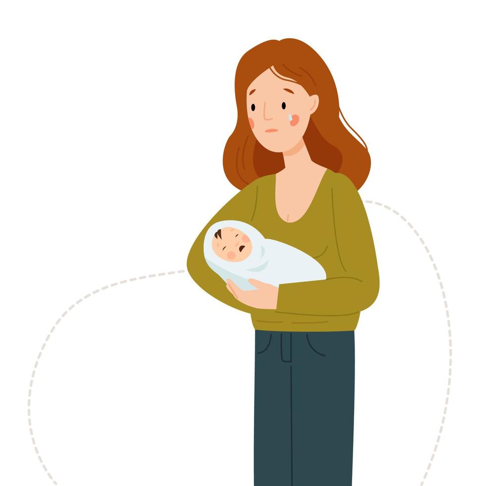 Postpartum depression. A woman is crying and holding a crying baby. Maternity crisis. vector