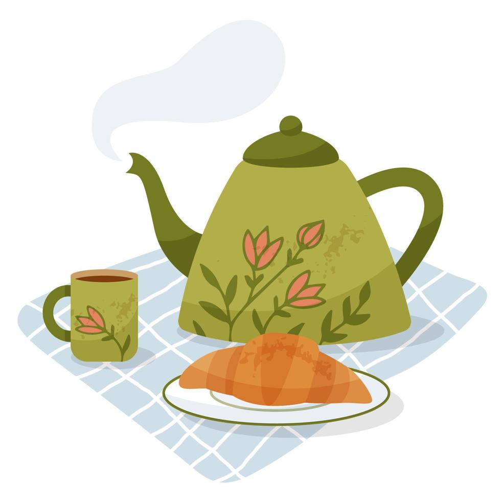 Porcelain teapot with a cup and croissant stands on a napkin. Summer picnic. Ceramic kitchenware in hand drawn style. vector