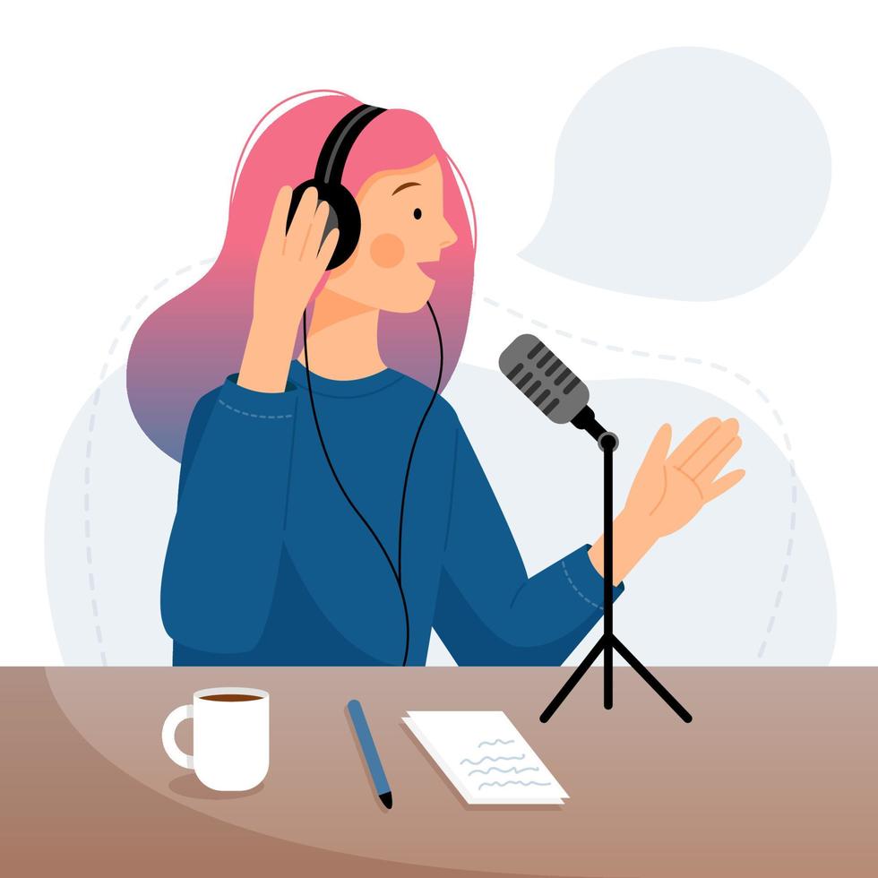 Podcast concept. Cute woman in headphones speaks into the microphone. The girl recording audio broadcast. vector