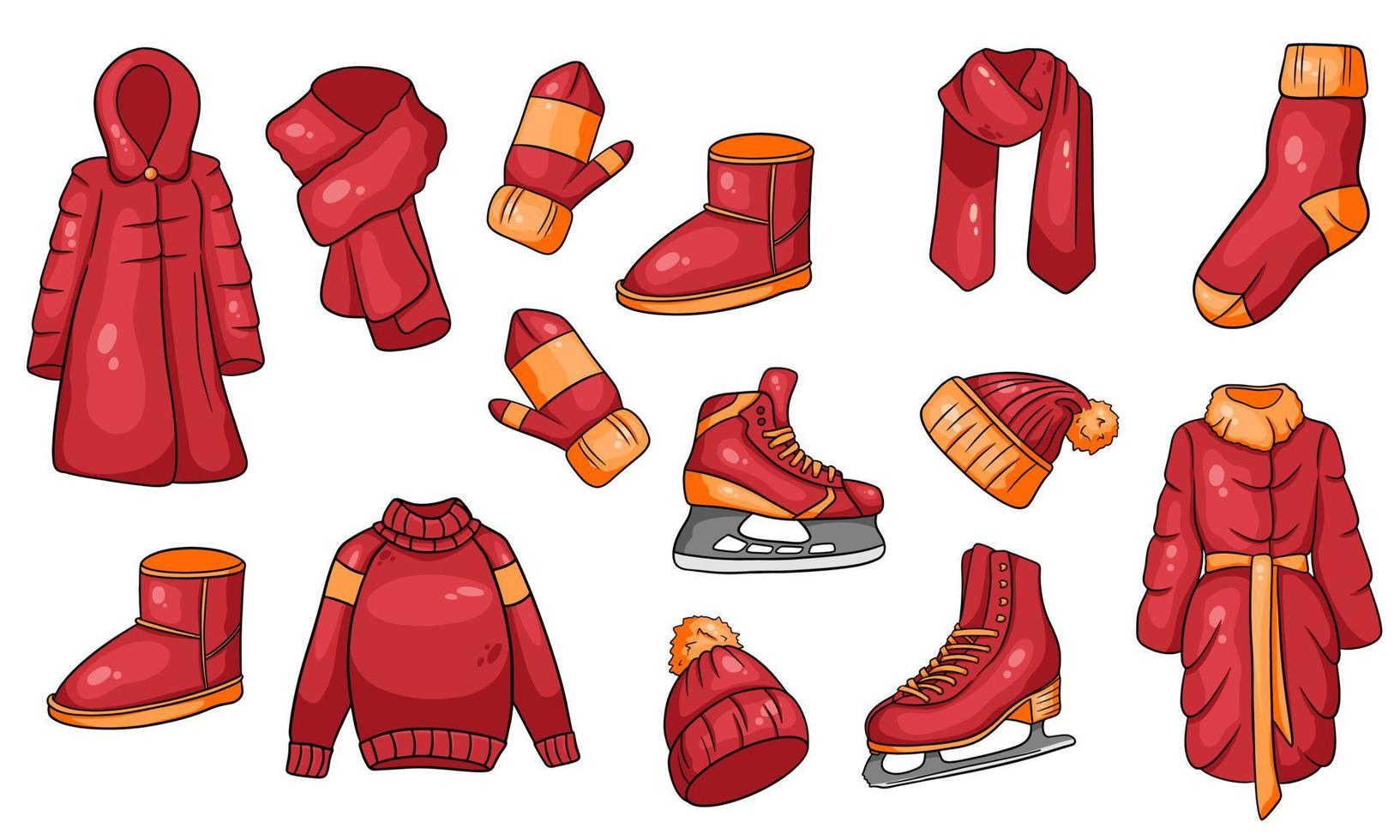 A set of winter things. Collection of warm clothes. Cartoon style. vector