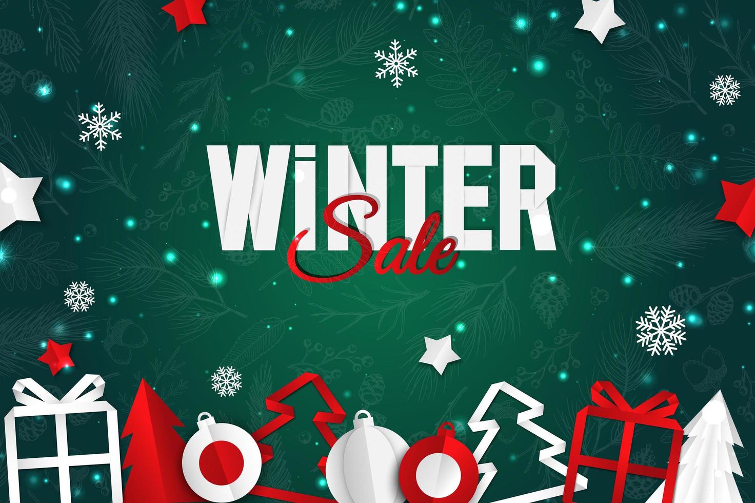 Christmas vector background. Creative design greeting card, banner, poster. Top view gift box, xmas balls. Paper art style