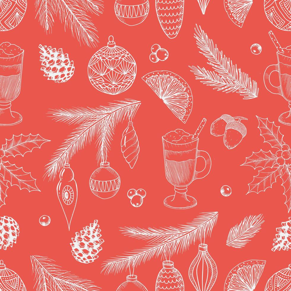 Xmas Seamless pattern with Christmas Tree Decorations, Pine Branches hand drawn art design vector illustration.