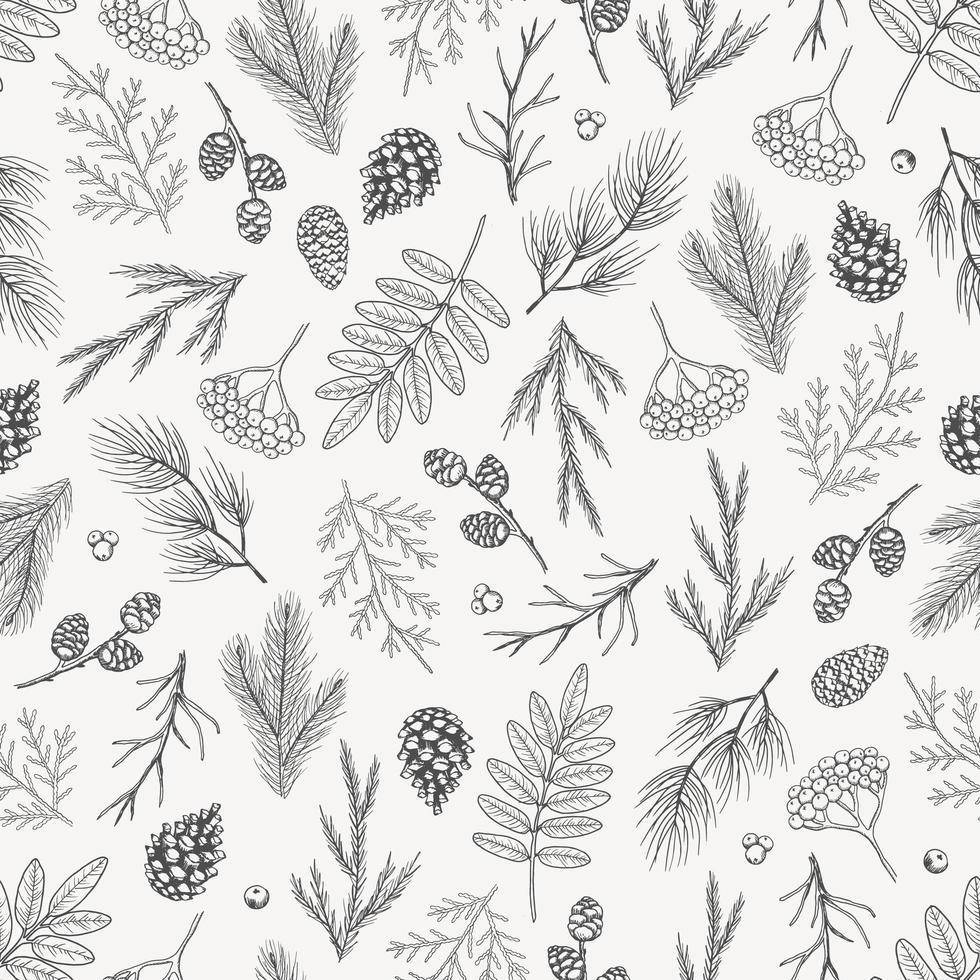 Xmas Seamless pattern with Christmas Tree Decorations, Pine Branches hand drawn art design vector illustration.