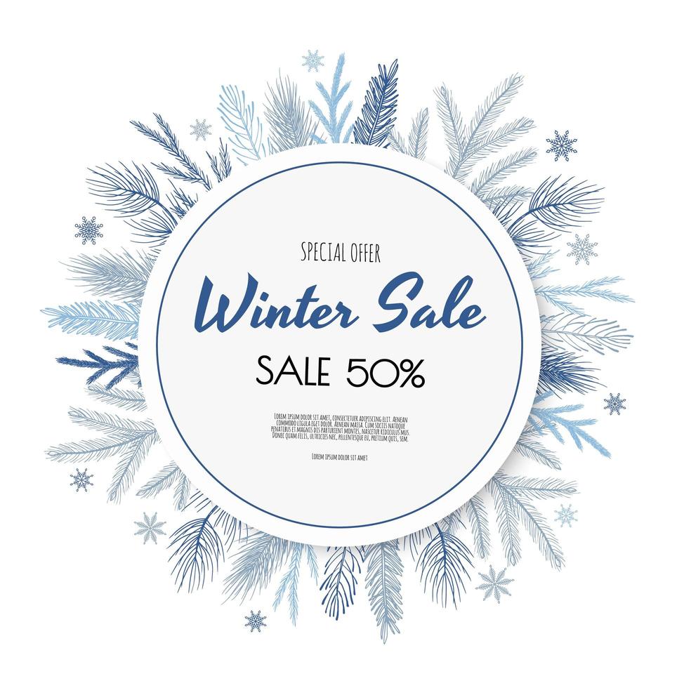 Winter sale vector banner design. Winter sale discount text with new years tree, snowflakes, cones.