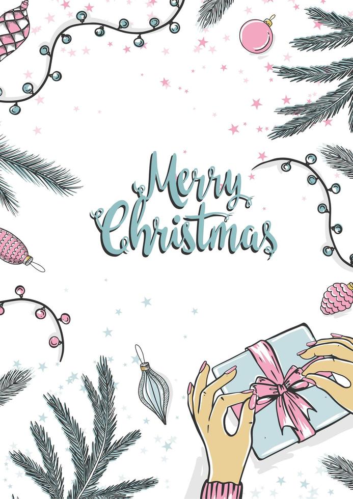 regalo de embalaje de niña para Navidad. tarjeta de felicitación de feliz navidad con árbol de año nuevo. ilustración vectorial de vacaciones. vector