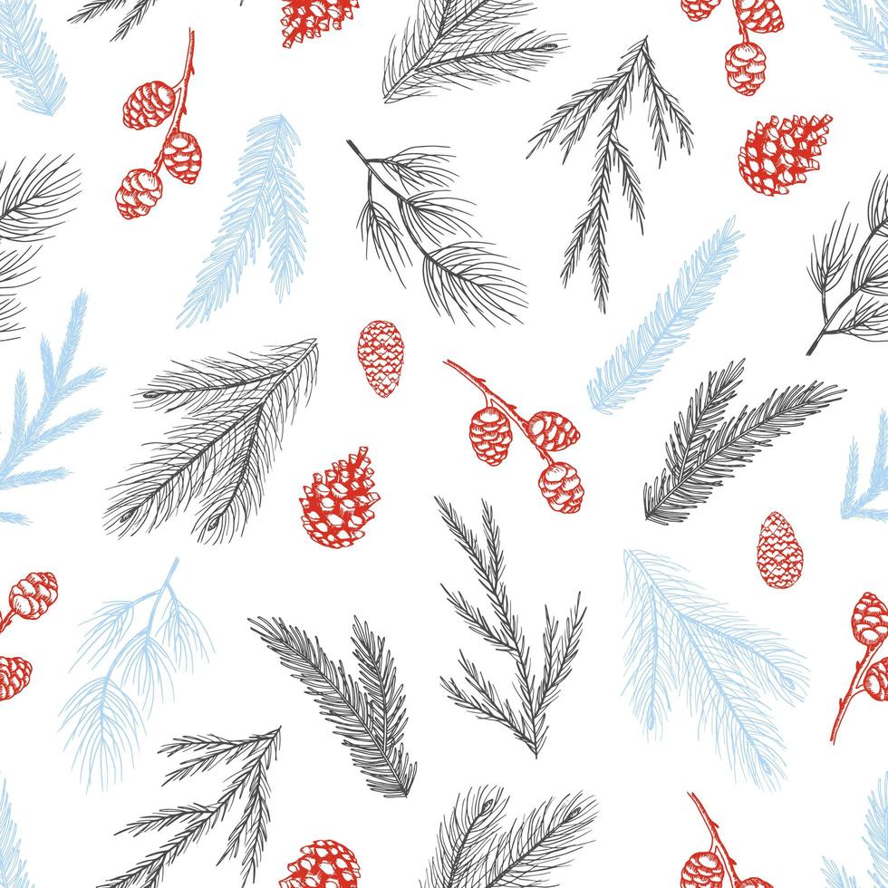 Xmas Seamless pattern with Christmas Tree Decorations, Pine Branches hand drawn art design vector illustration.