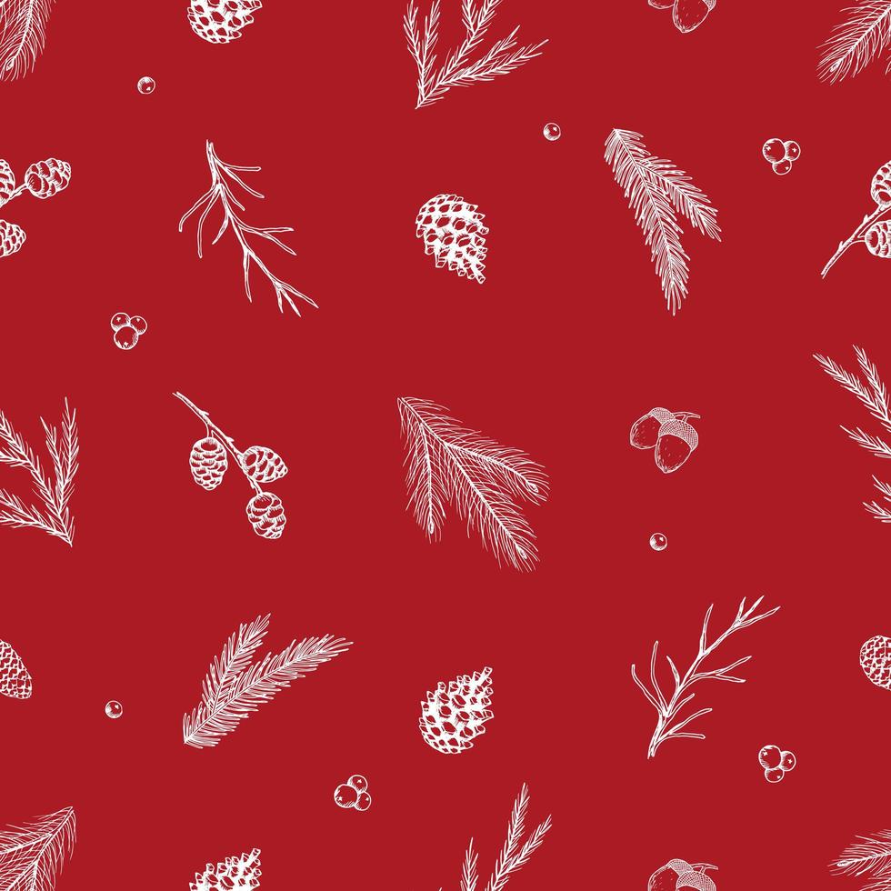 Xmas Seamless pattern with Christmas Tree Decorations, Pine Branches hand drawn art design vector illustration.