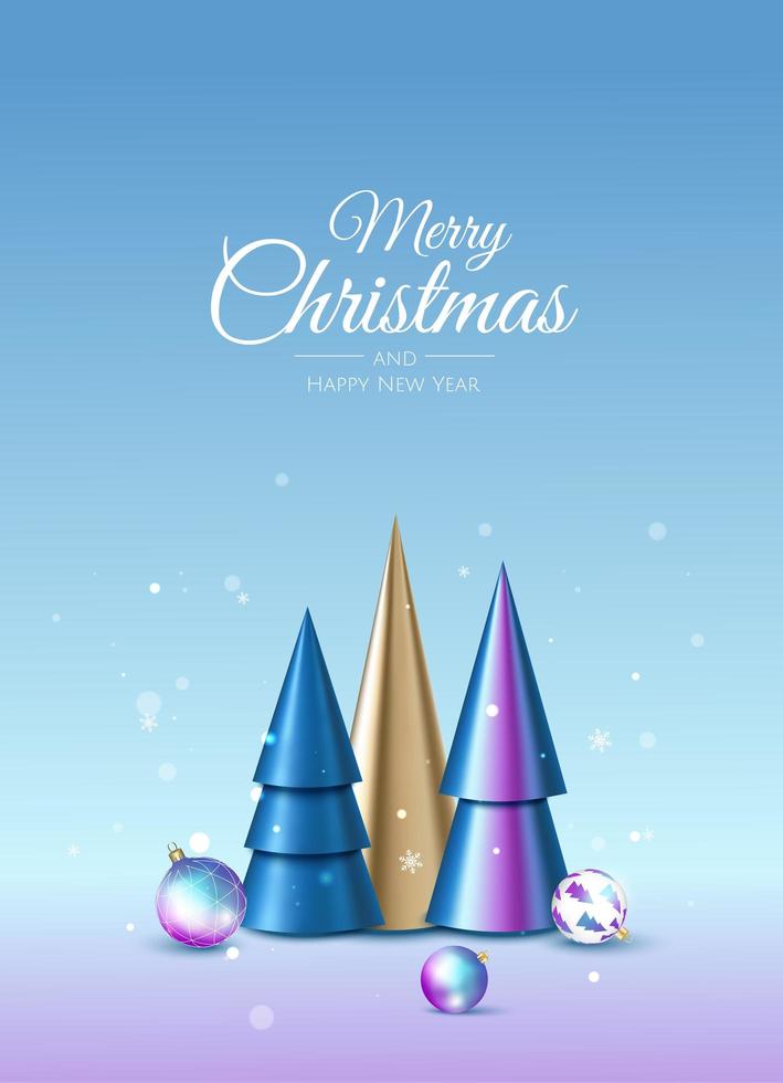 Christmas and New Year background. Conical Abstract Christmas Trees, Christmas balls, snowflakes. Greeting card, banner, headers, website, poster. vector