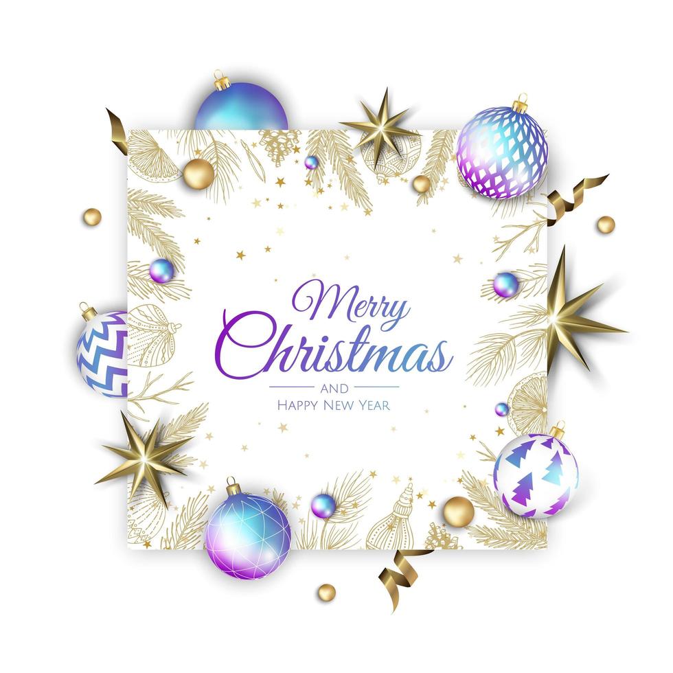 Merry Christmas and Happy New Year Holiday white banner illustration. Xmas design with realistic vector 3d objects, golden christmass ball, snowflake, glitter gold confetti.