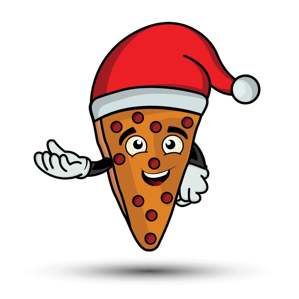 Ilustración de un personaje de dibujos animados de mascota de pizza con un sombrero de Navidad. estilo plano de ilustración. adecuado para la promoción de productos de pizza, diseño de impresiones, etc. vector de plantilla de diseño