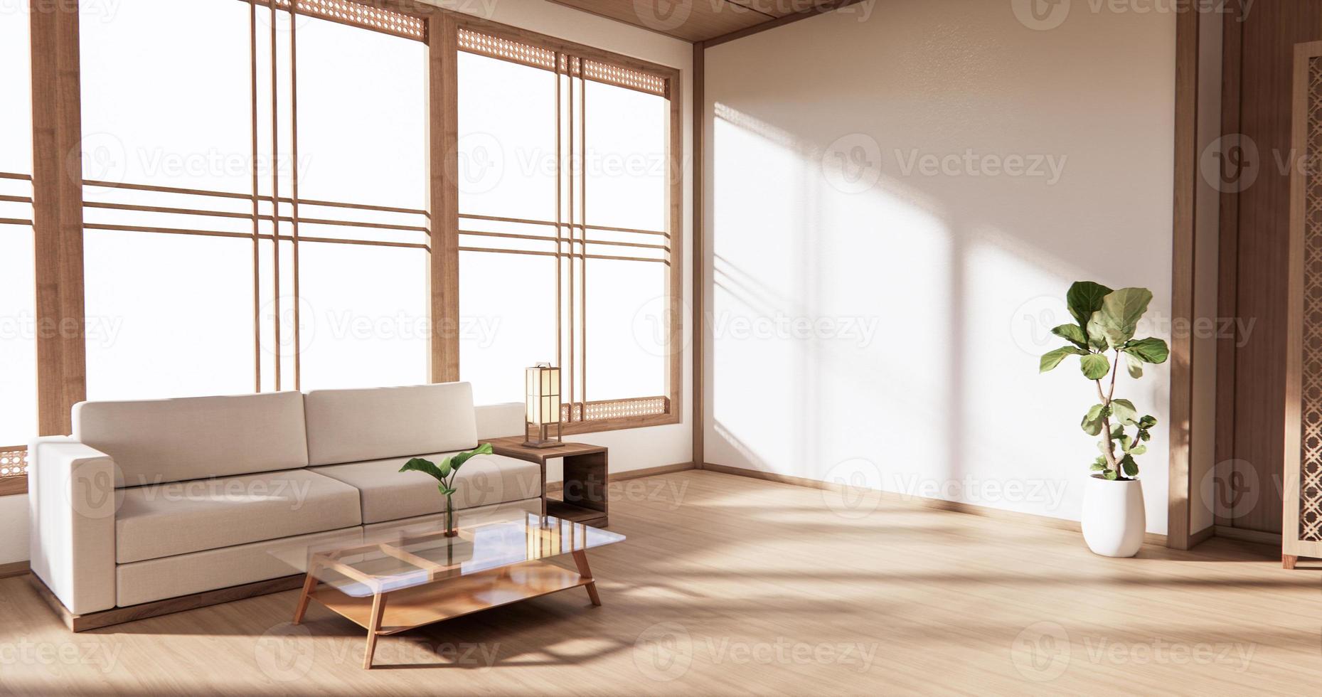 el diseño interior de madera, estilo japonés de la sala de estar moderna zen representación 3d foto