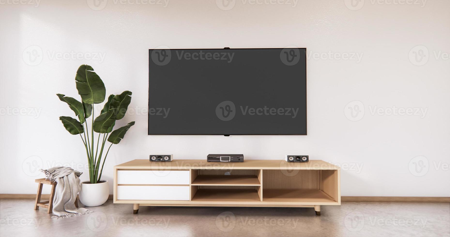 Cabinet wooden japanese design on living room zen style empty wall background.3D rendering photo