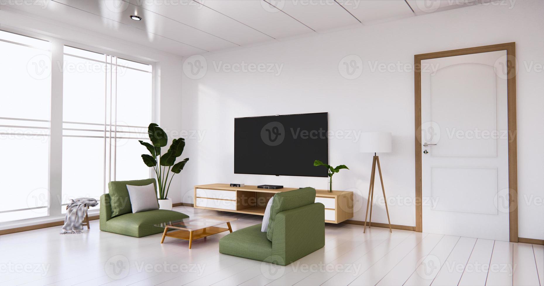 TV cabinet display with white room white flooring minimalist Japanese living room. 3d rendering photo