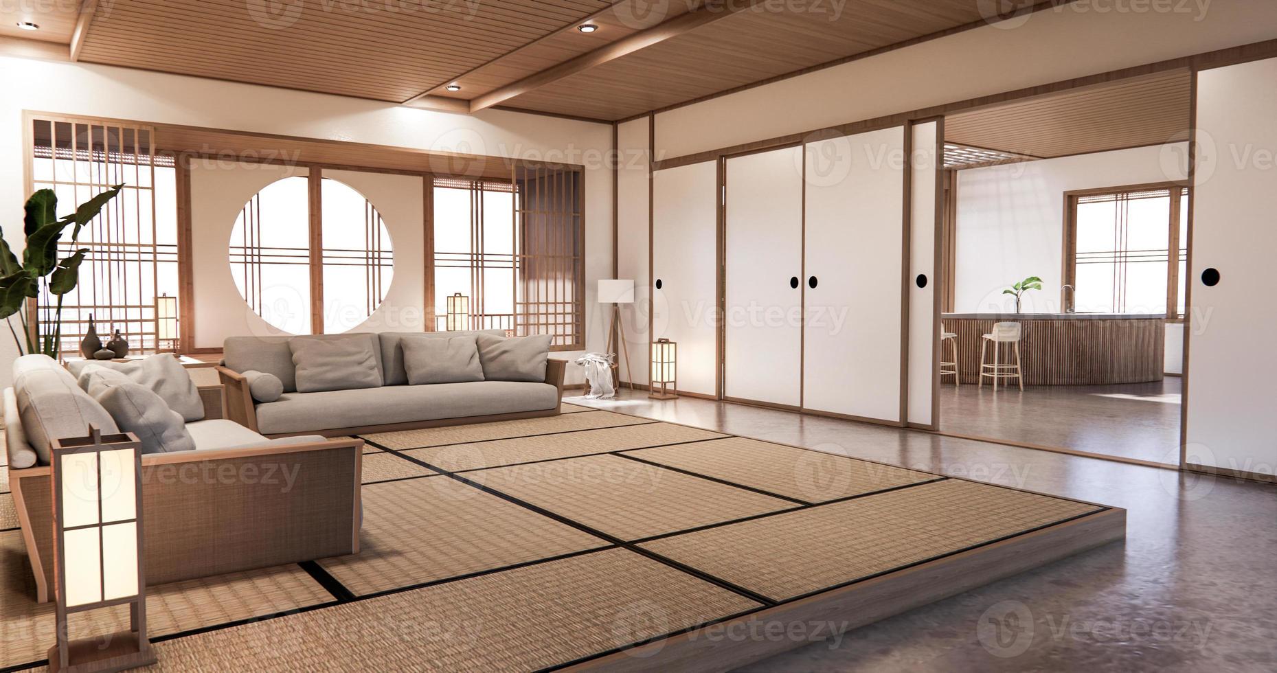 diseño de interiores, estilo japonés de la sala de estar moderna zen representación 3d foto