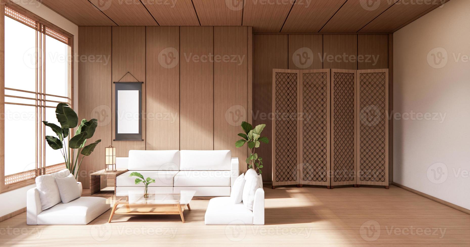 The Wooden interior design,zen modern living room Japanese style.3D rendering photo