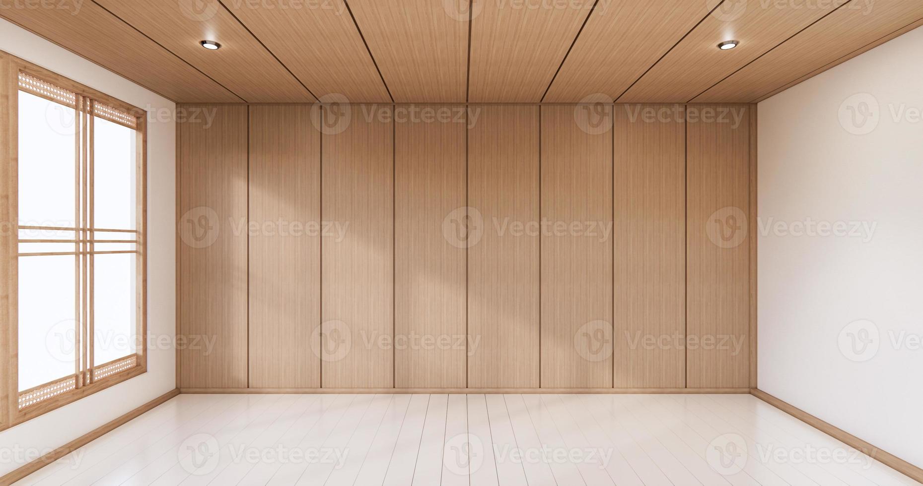 Pared de madera blanca vacía en el diseño de interiores de piso blanco. Representación 3d foto