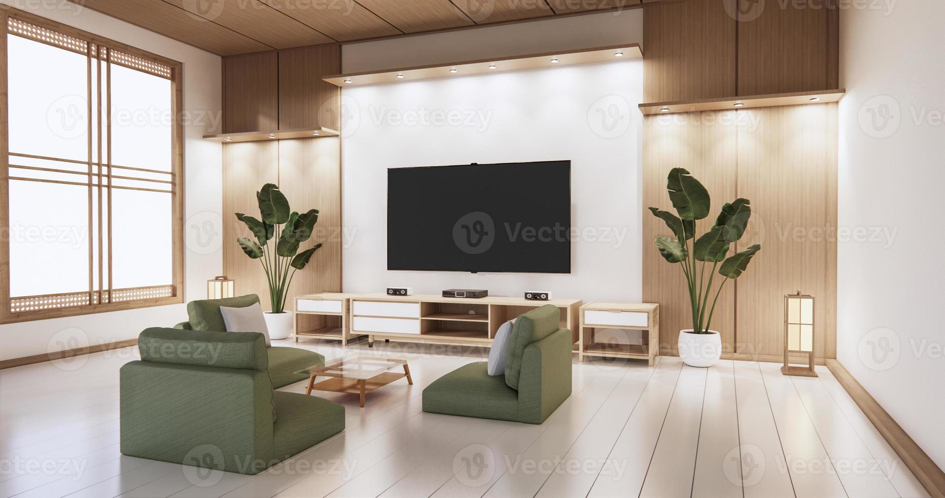 Tv on empty wall background and wall wooden japanese design on living room zen style.3D rendering photo