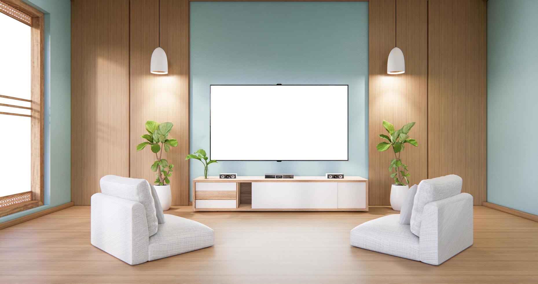 Mock up TV cabinet display with modern room mint minimalist. 3d rendering photo