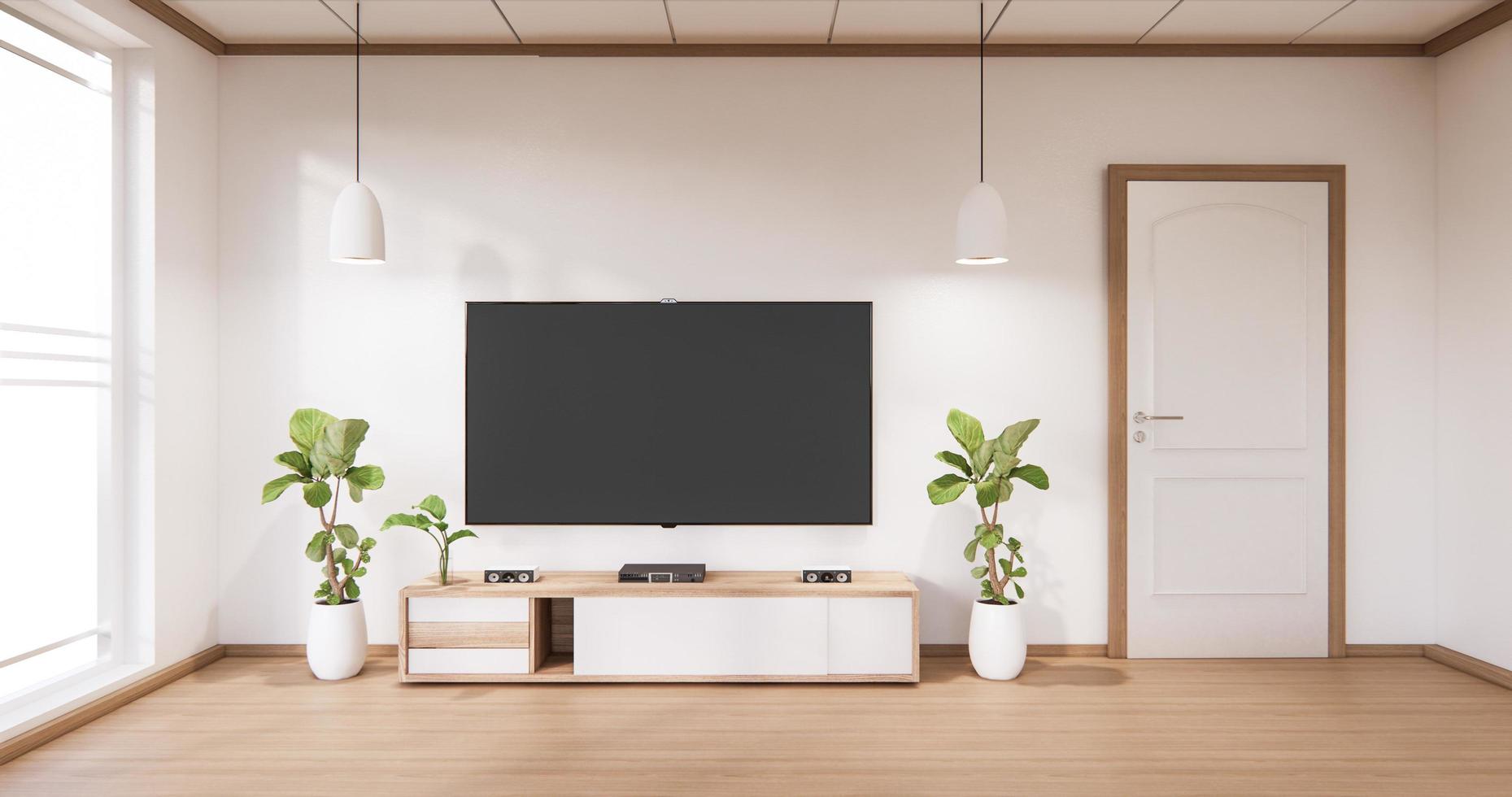 TV cabinet display with modern room white flooring minimalist. 3d rendering photo