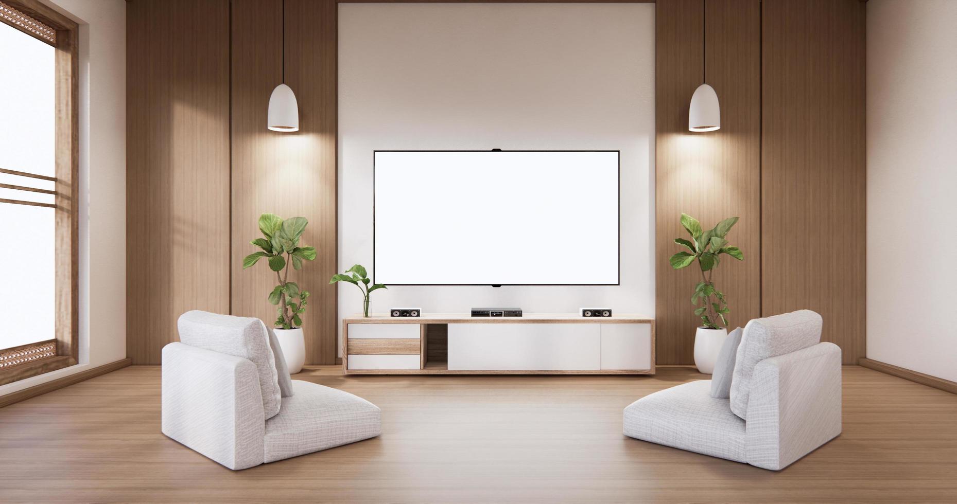 Mock up TV cabinet display with modern room white minimalist. 3d rendering photo