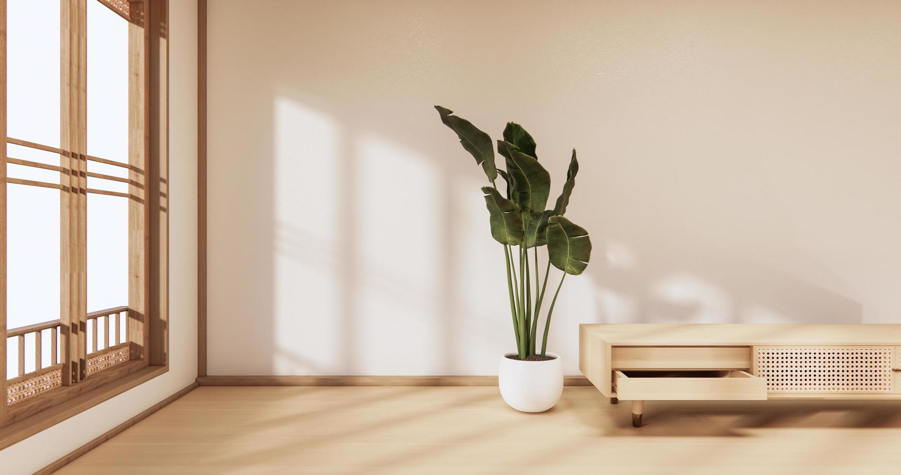 Mueble De Madera En Habitación Moderna Vacía Y Pared Blanca En Habitación De Piso Blanco Estilo Japonés. Representación 3d foto