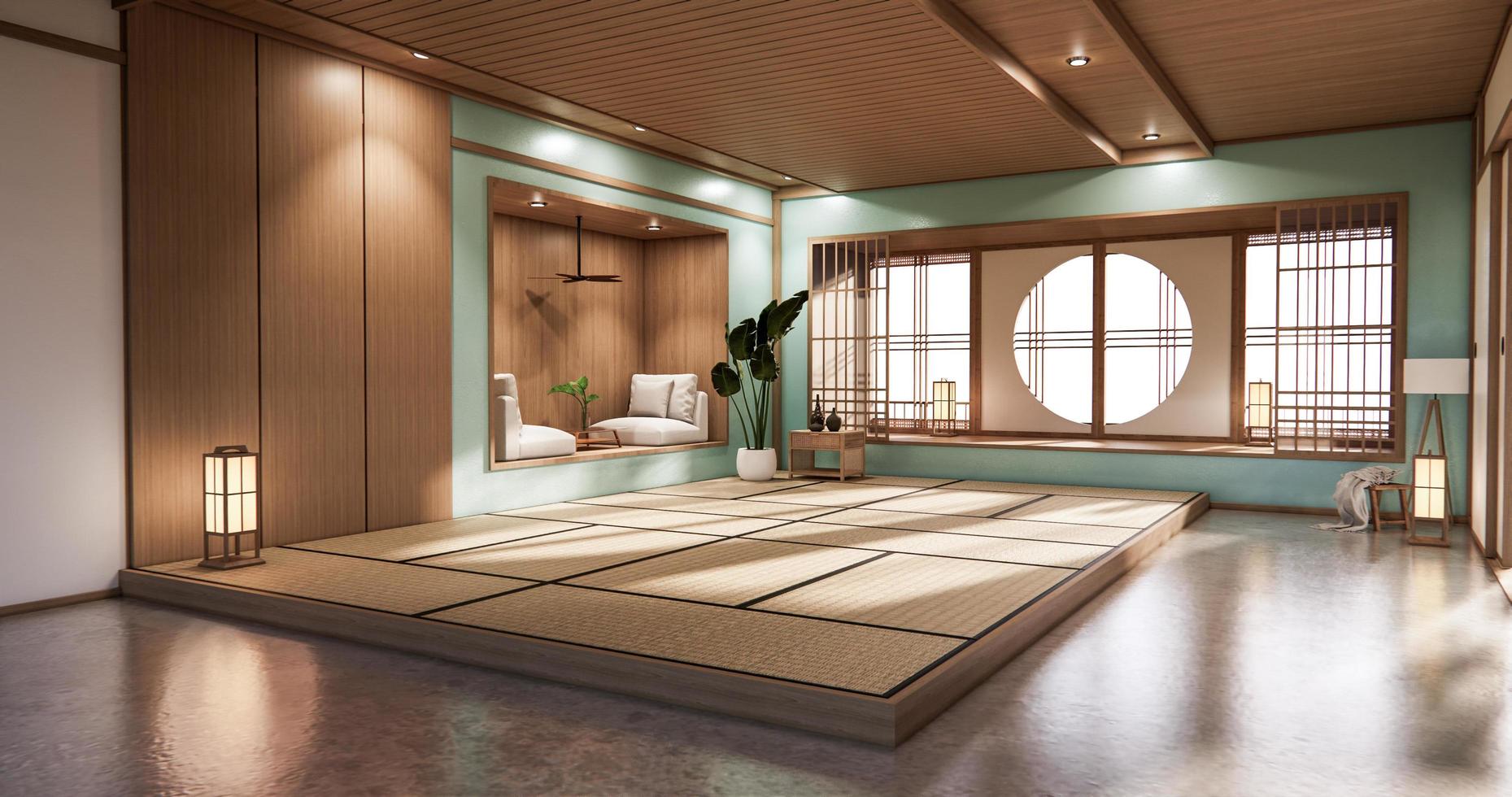 diseño minimalista del estilo japonés de la habitación de la menta representación 3d foto