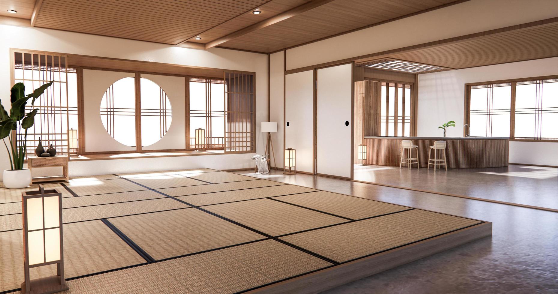 diseño de interiores, estilo japonés de la sala de estar moderna zen representación 3d foto