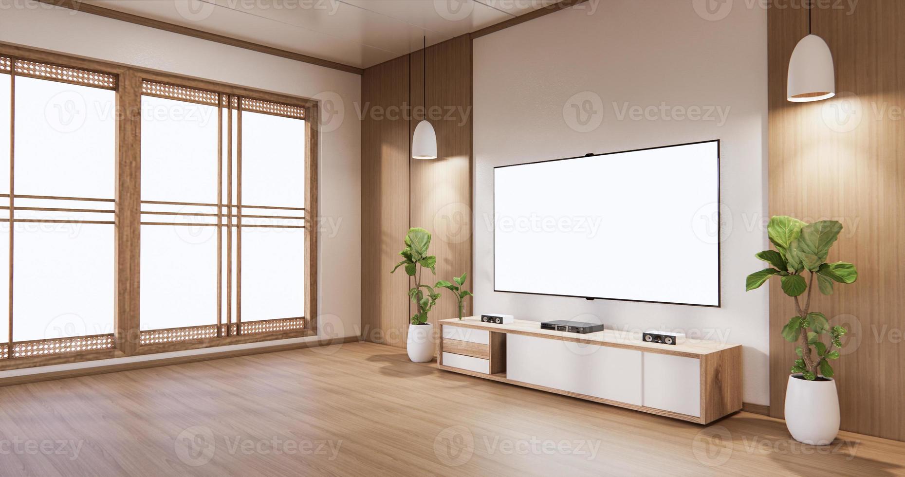 Mock up TV cabinet display with modern room white minimalist. 3d rendering photo