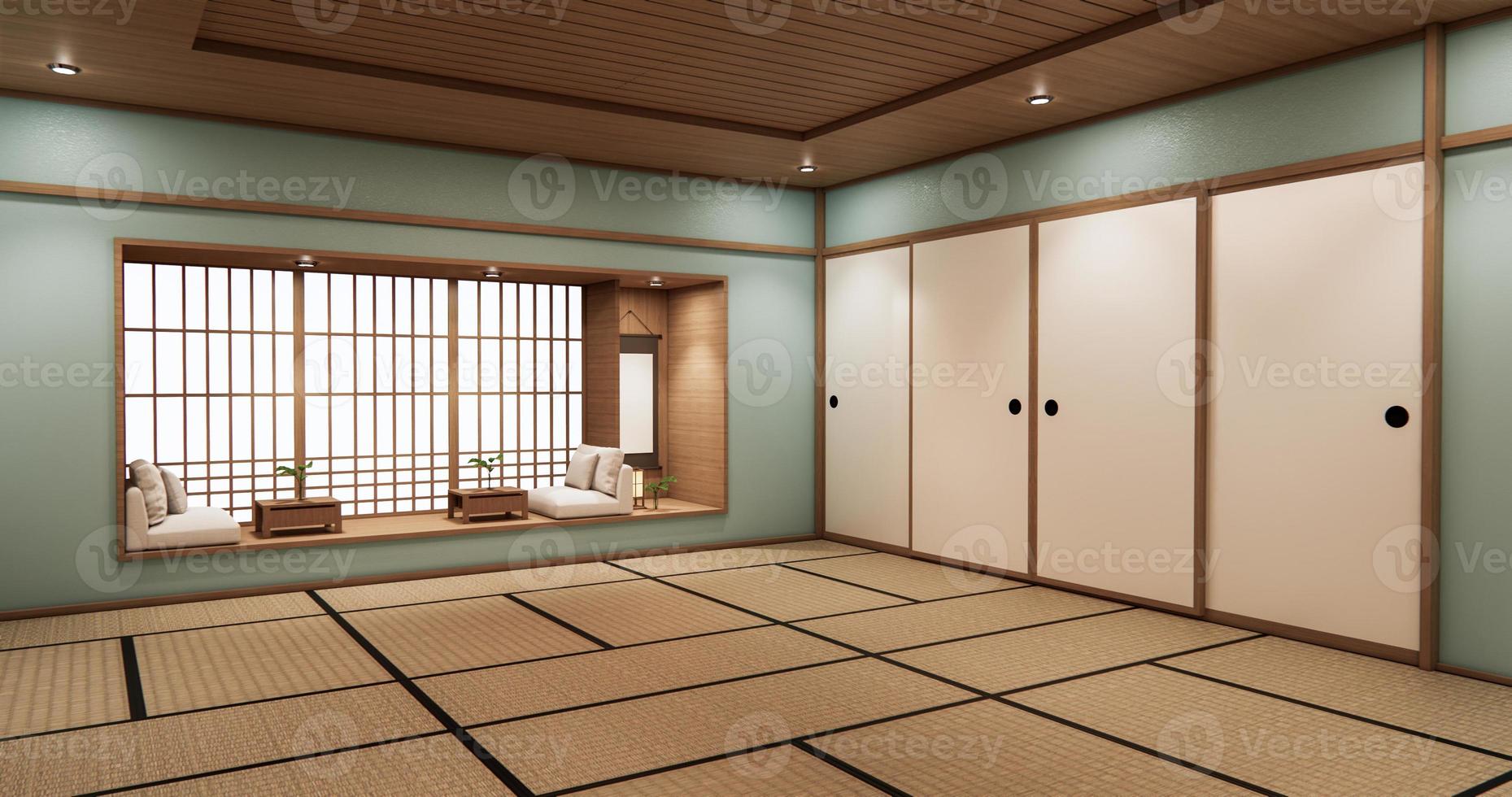 Diseño de estantería de vida cian en la habitación diseño minimalista de estilo japonés. Representación 3d foto