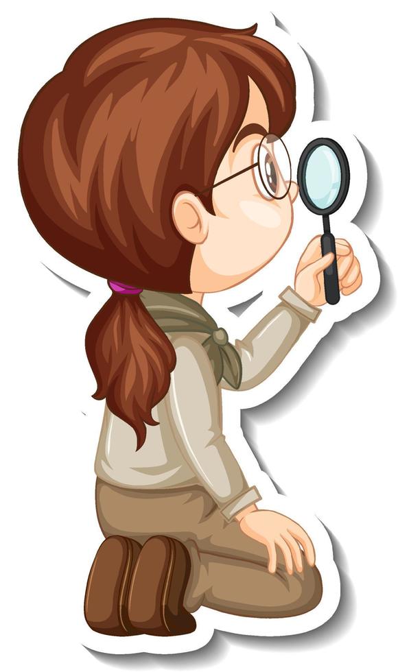 Safari girl using magnifying glass cartoon character sticker vector