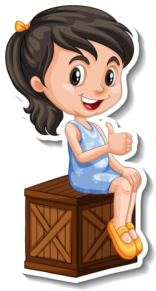 Cute girl sitting on wooden box cartoon character vector