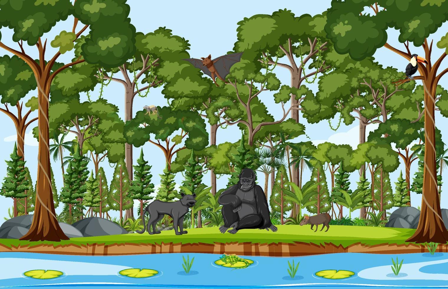 Wild animals with stream flowing through the forest scene vector