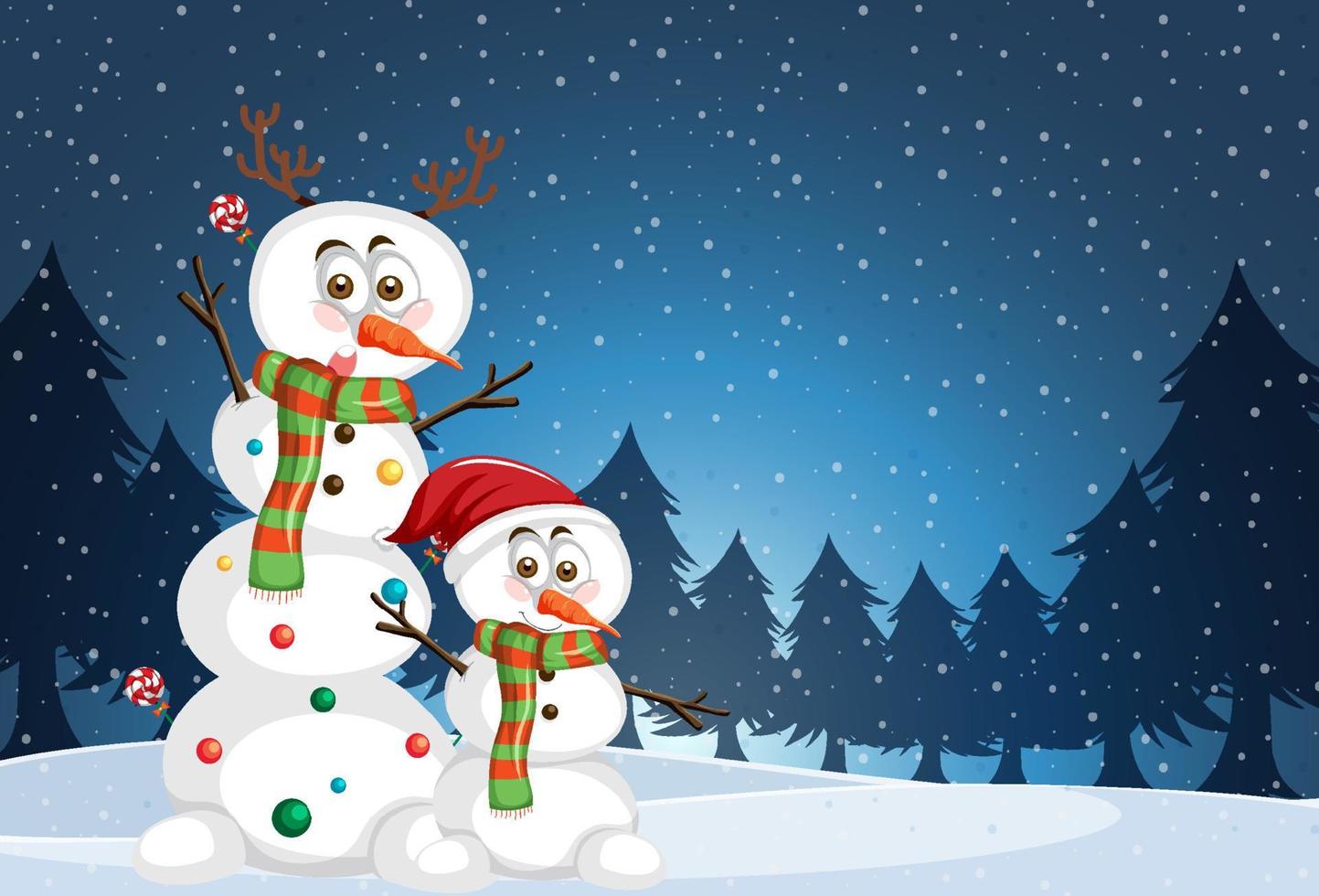 Plantilla de cartel de Navidad con lindo muñeco de nieve sobre fondo de nieve cayendo vector