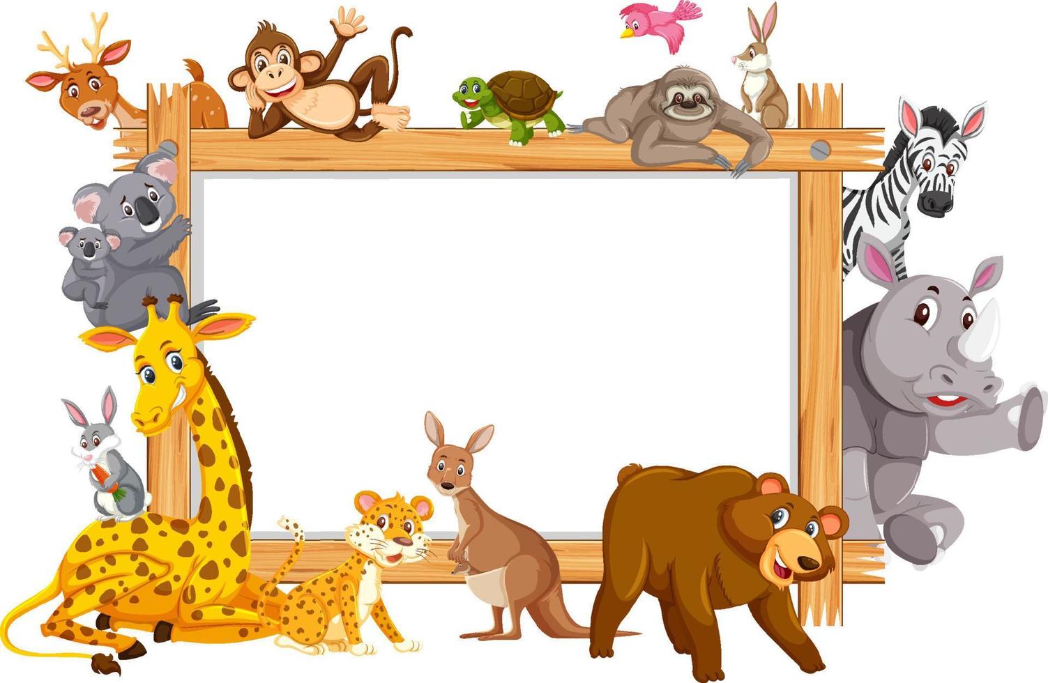 Empty wooden frame with various wild animals vector