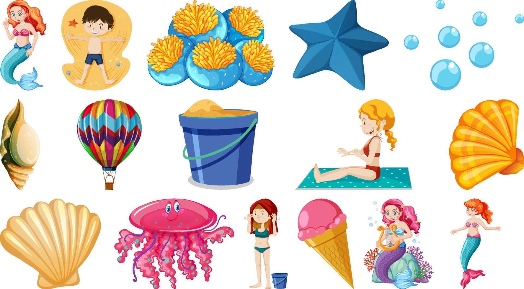 conjunto de objetos de playa de verano y personajes de dibujos animados vector