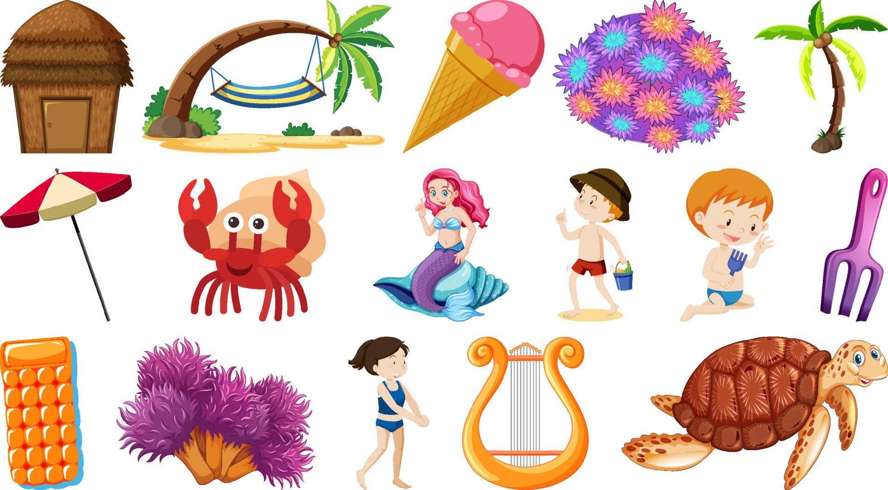 conjunto de objetos de playa de verano y personajes de dibujos animados vector